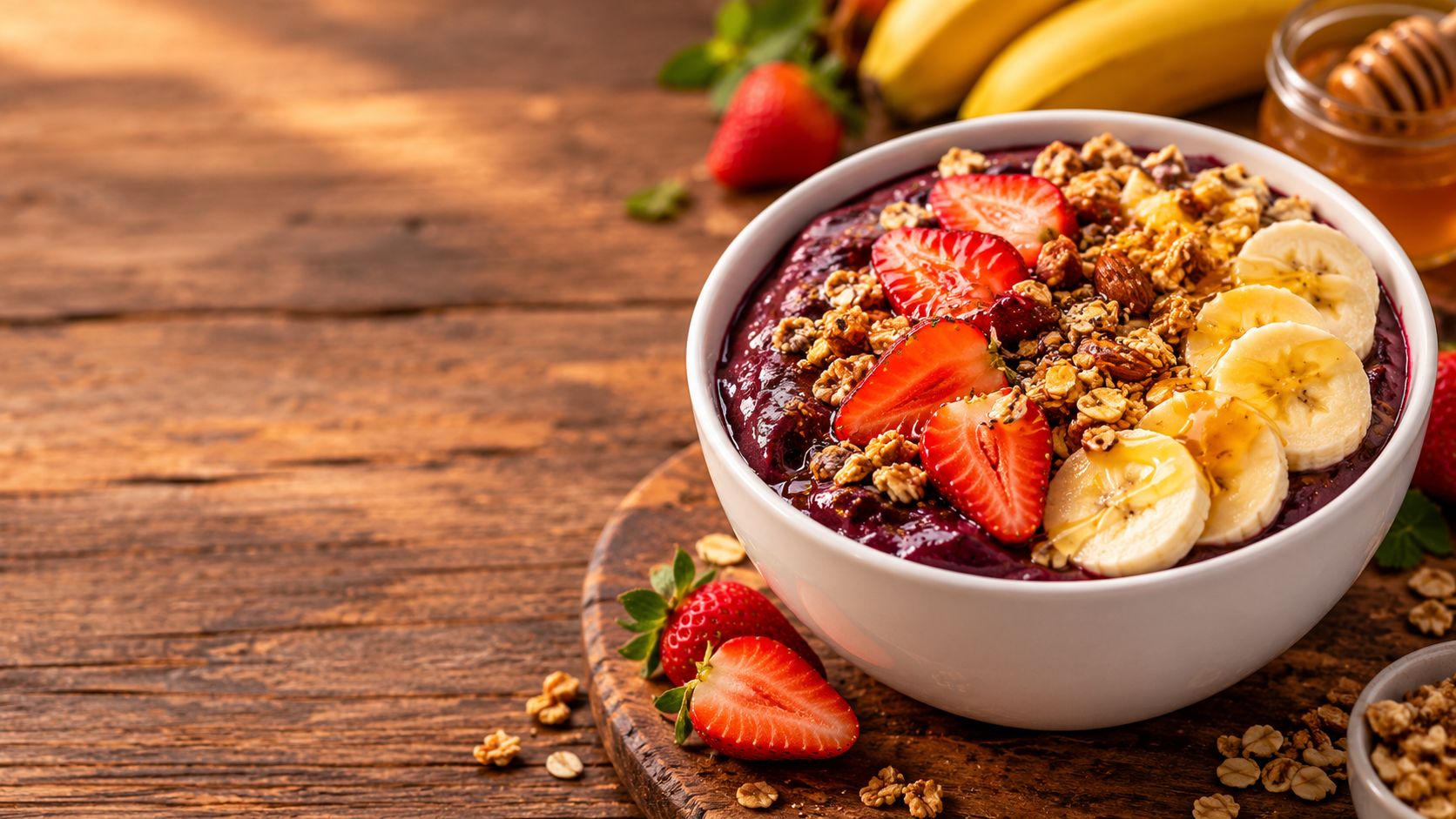 Açaí com banana, morango, granola e mel
